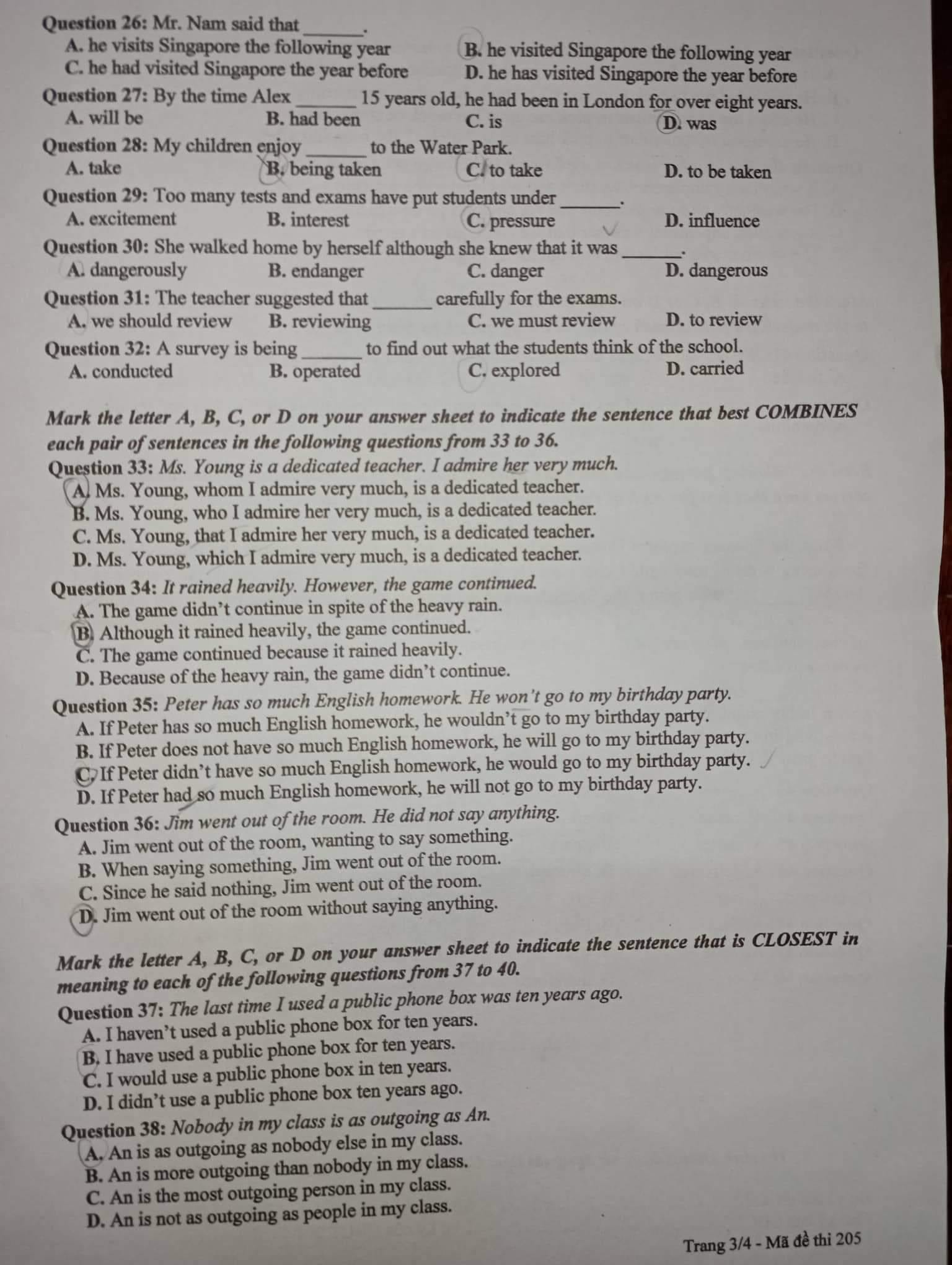 Đáp án Đề thi tuyển sinh lớp 10 môn Anh tỉnh Thừa Thiên Huế năm 2022