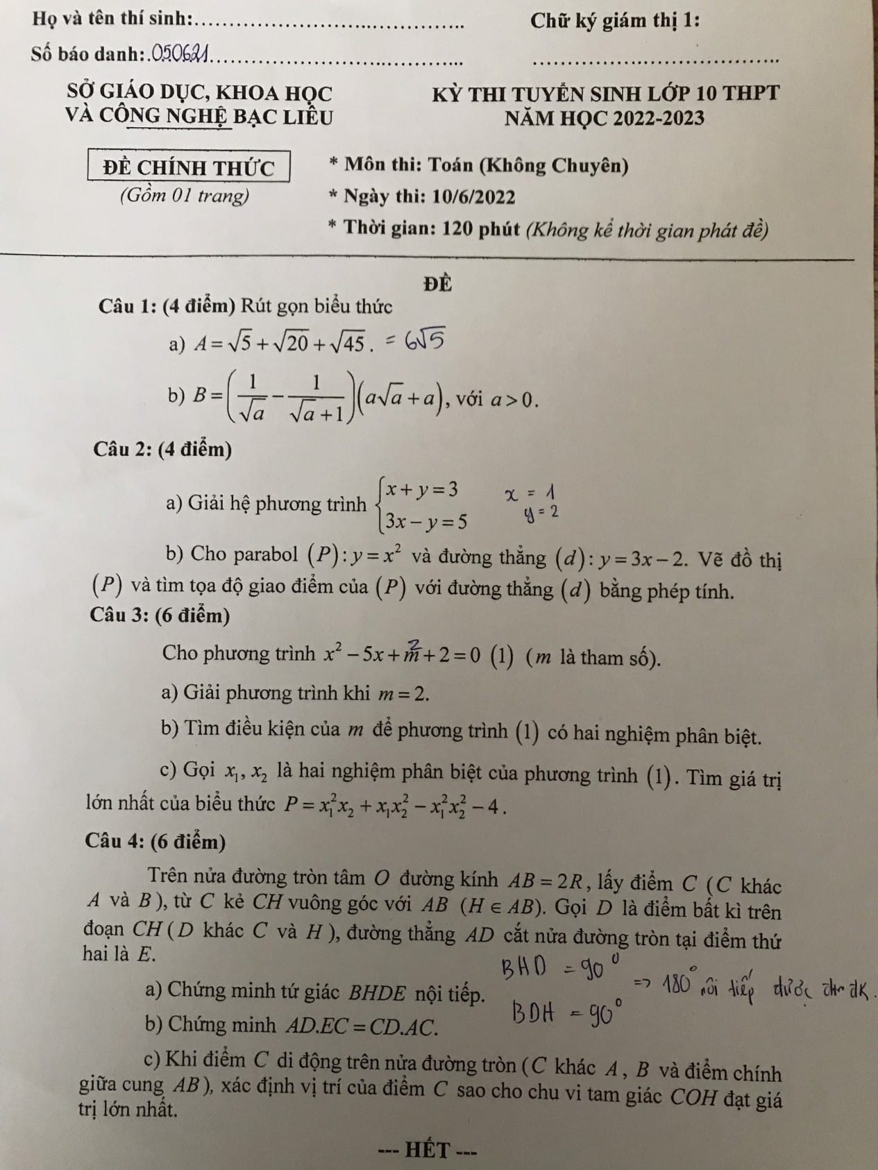 Đề thi vào 10 Toán Bạc Liêu