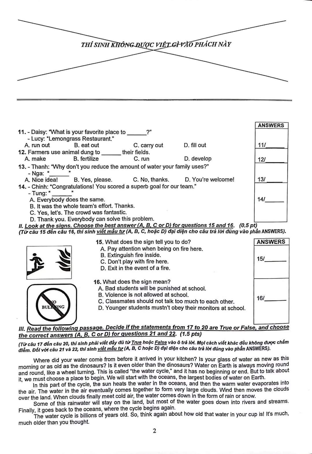 Đáp án Đề thi tuyển sinh lớp 10 môn Anh TPHCM năm 2022