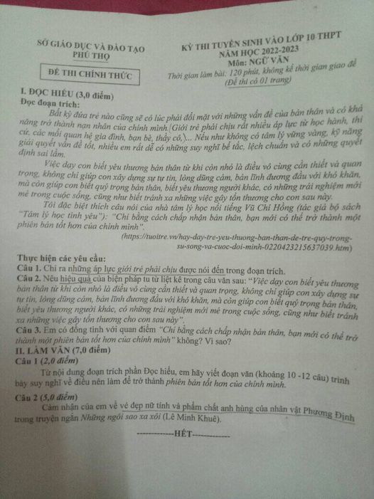 Đáp án Văn Phú Thọ 2022