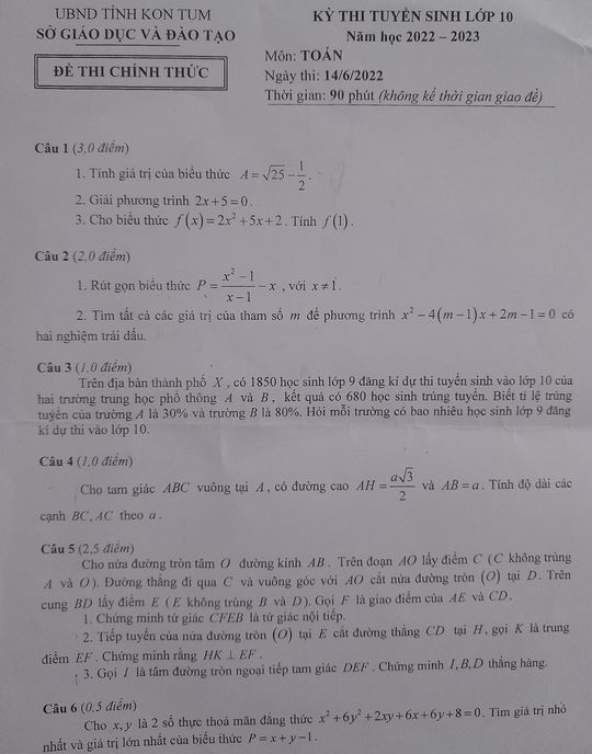 Đề thi tuyển sinh lớp 10 môn Toán tỉnh Kon Tum năm 2022