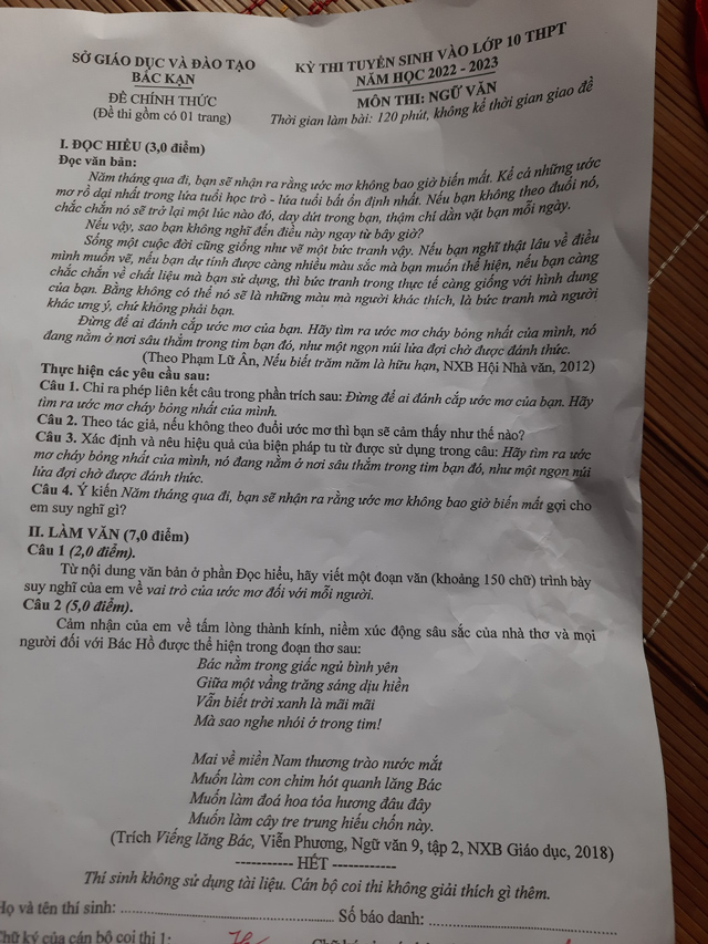 Đề thi vào 10 Văn Bắc Kạn 2022