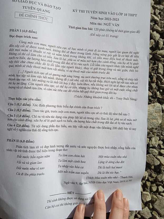 Đề thi tuyển sinh lớp 10 môn Văn tỉnh Tuyên Quang năm 2022