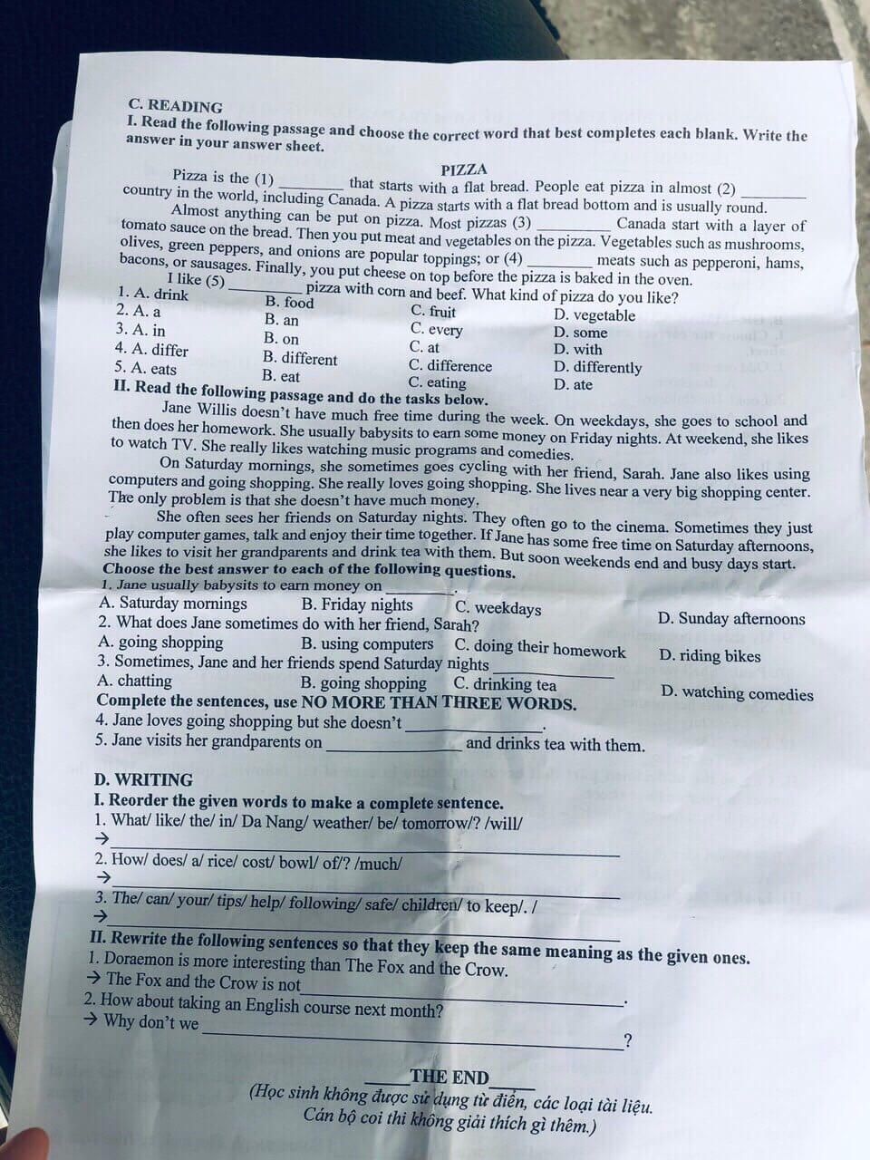 Đáp án đề thi vào lớp 6 môn tiếng Anh trường THCS Lý Tự Trọng