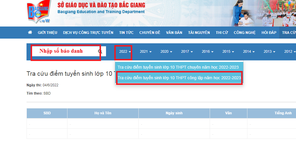 Tra cứu điểm thi tuyển sinh lớp 10 năm 2021 Bắc Giang