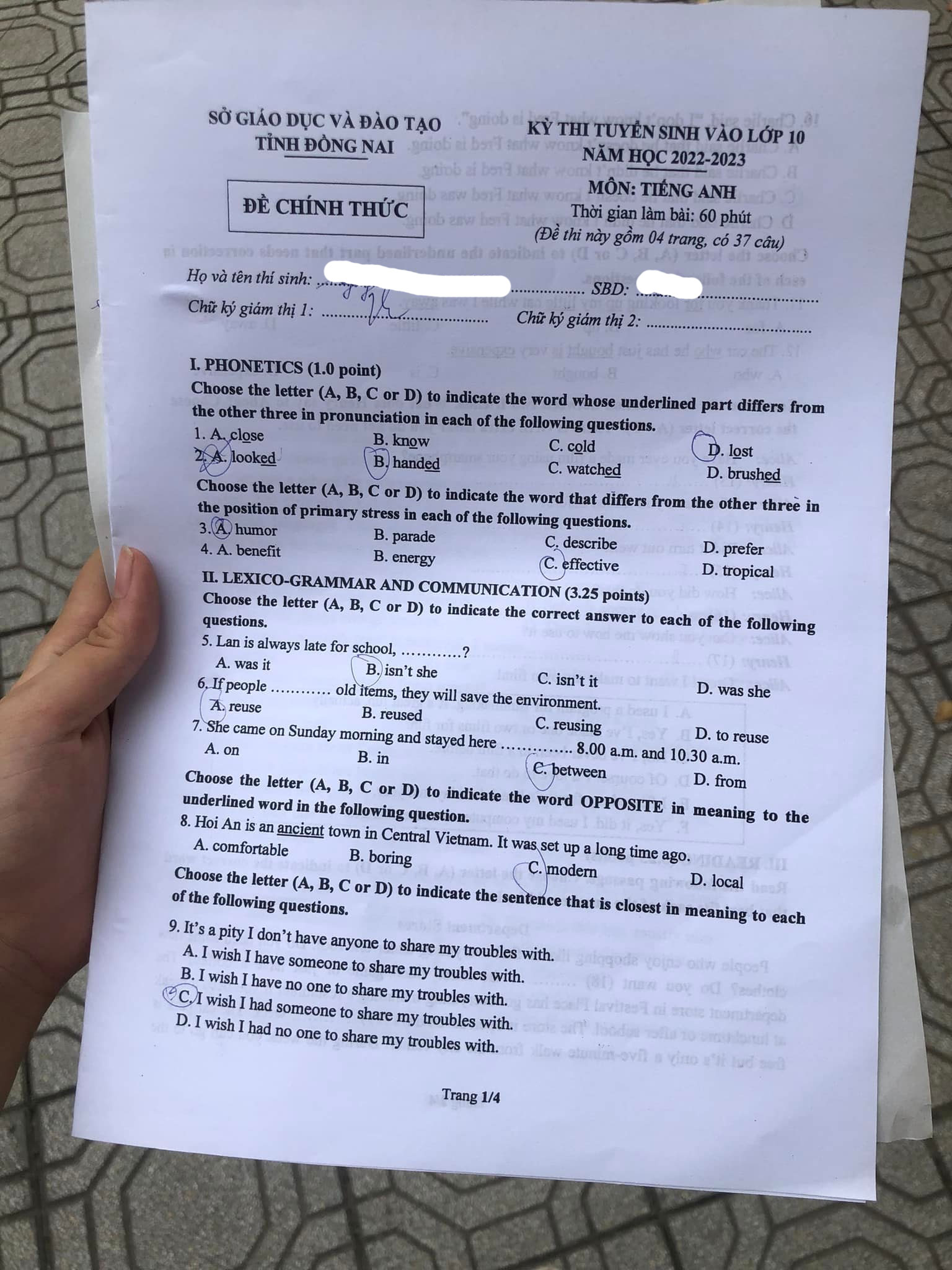 Đề thi tuyển sinh vào lớp 10 môn tiếng Anh Đồng Nai