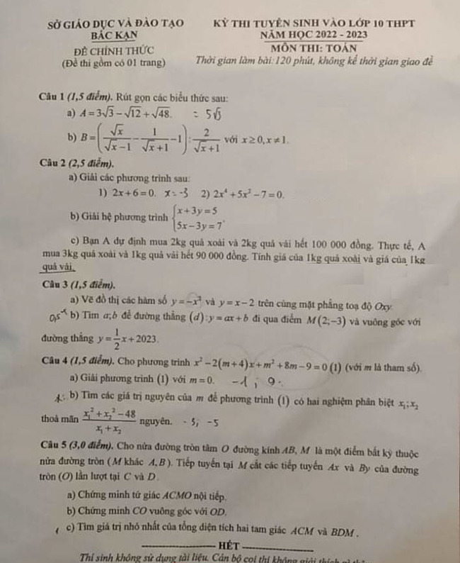 Đề thi tuyển sinh lớp 10 môn Toán Bắc Kạn 2022