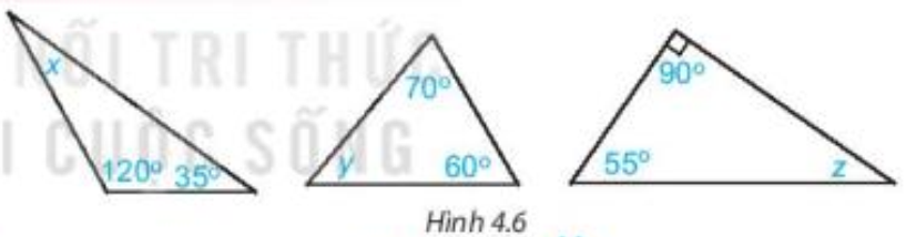 Tính số đo các góc x, y, z trong Hình 4.6.