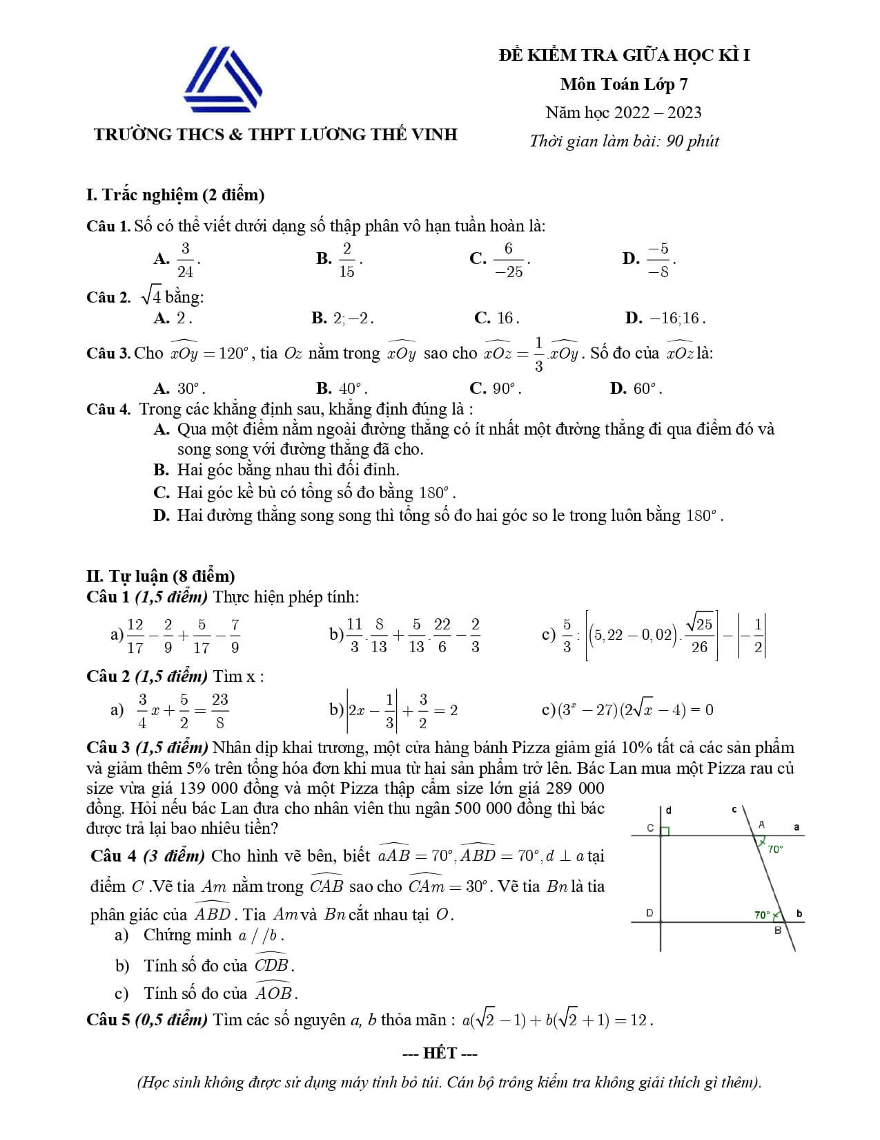 Đề thi giữa kì 1 Toán 7 trường Lương Thế Vinh Hà Nội