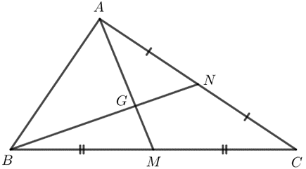 begin{array}{l}dfrac{{GA}}{{MA}} = dfrac{6}{9} = dfrac{2}{3};dfrac{{GB}}{{NB}} = dfrac{2}{3};dfrac{{GC}}{{PC}} = dfrac{2}{3}end{array}