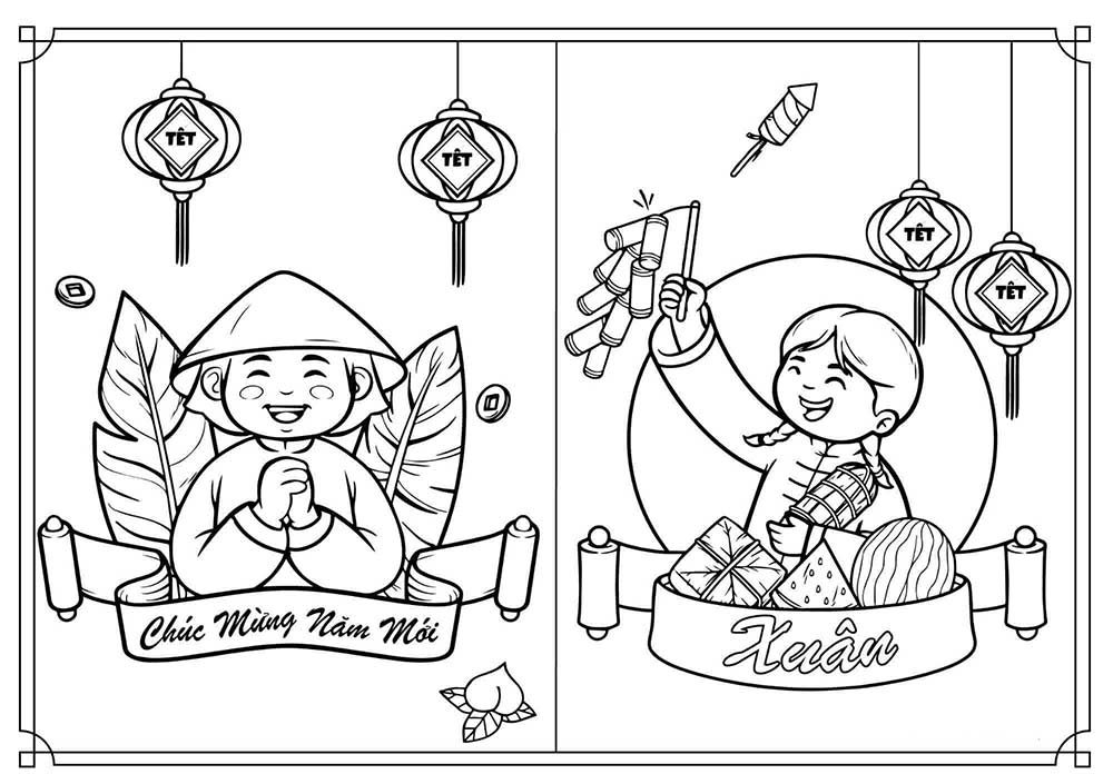 Tranh tô màu chủ đề Tết và mùa xuân cho bé