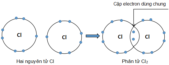 Sơ đồ mô tả sự dùng chung cặp e giữa 1 nguyên tử chlorine