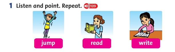 Family and Friends 3 Unit 9 Lesson 3 trang 68 Bản quyền thuộc về VnDoc nghiêm cấm mọi hành vi sao chép vì mục đích thương mại 1.Listen and point. Repeat (Nghe và chỉ. Lặp lại)  Nội dung bài nghe jump, read, write, write, read, jump Listen and repeat jump, read, write 2.Listen and sing (Nghe và hát) 3.Sing and do (Hát và làm)  Mời các bạn tham khảo thêm nhiều tài liệu Tiếng Anh lớp 3 Chân trời sáng tạo hay và miễn phí tại: https://vndoc.com/tieng-anh-lop-3-ctst 