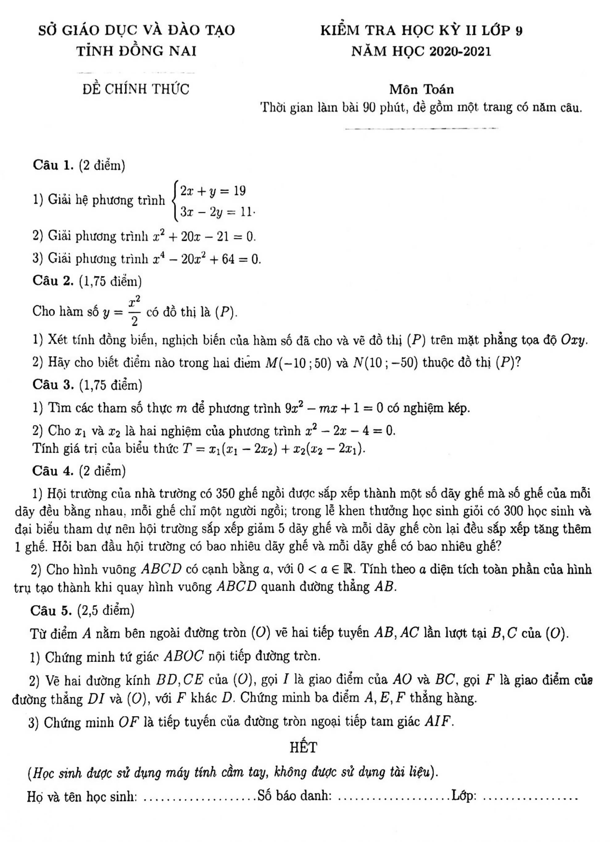 Đề thi học kì 2 Toán 9 Sở GD&ĐT Đồng Nai năm 2020 - 2021