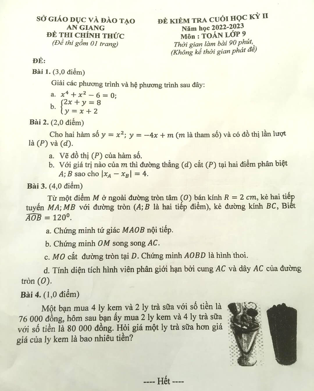 Đề thi học kì 2 Toán 9