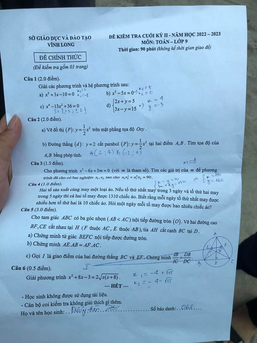 Đề thi học kì 2 Toán 9 Sở GD&ĐT Vĩnh Long năm 2020 - 2021