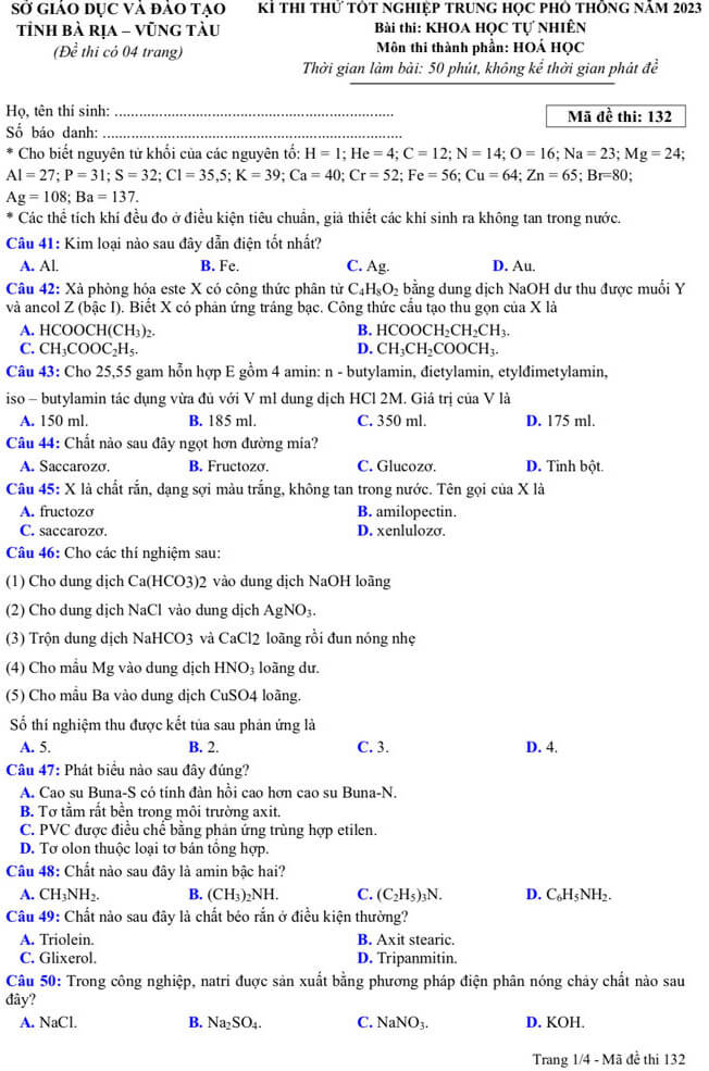 Đề thi thử tốt nghiệp môn Hóa học Sở Bà Rịa Vũng Tàu