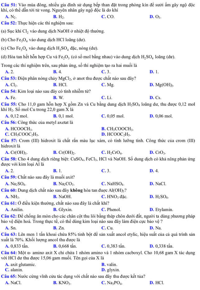 Đề thi thử tốt nghiệp môn Hóa học Sở Bà Rịa Vũng Tàu