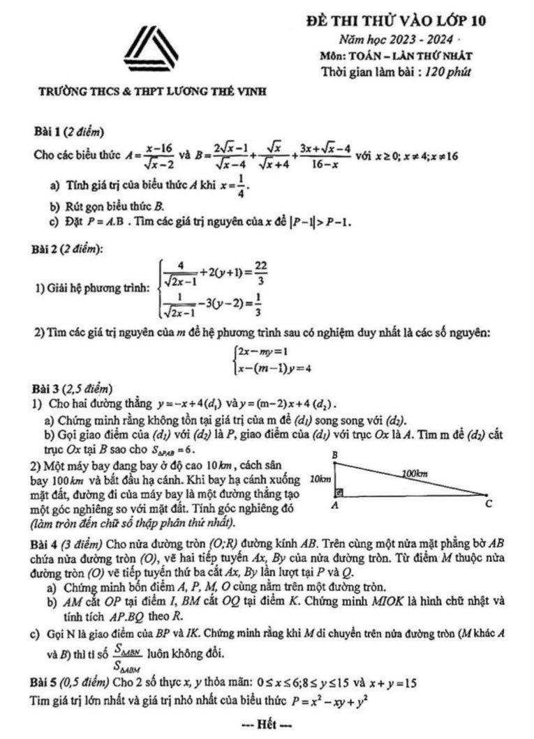 Đề thi thử Toán vào 10 Lương Thế Vinh