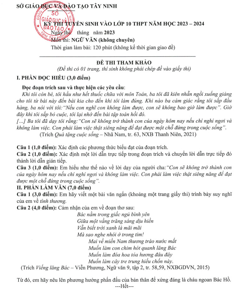 Đề thi thử vào lớp 10 môn Văn