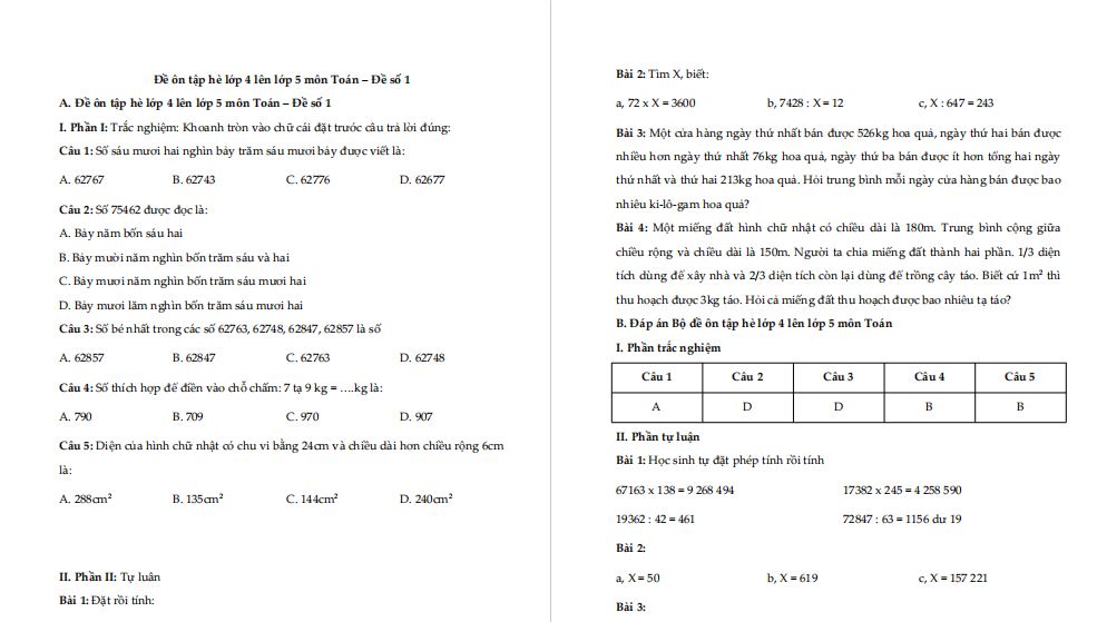 Đề ôn tập hè lớp 4 lên lớp 5 môn Toán - Đề số 1