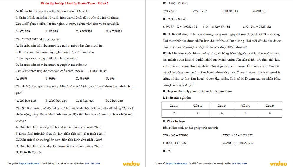 Đề ôn tập hè lớp 4 lên lớp 5 - Đề số 2