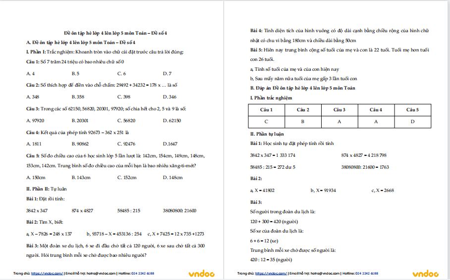 Đề ôn tập hè lớp 4 lên lớp 5 - Đề số 4