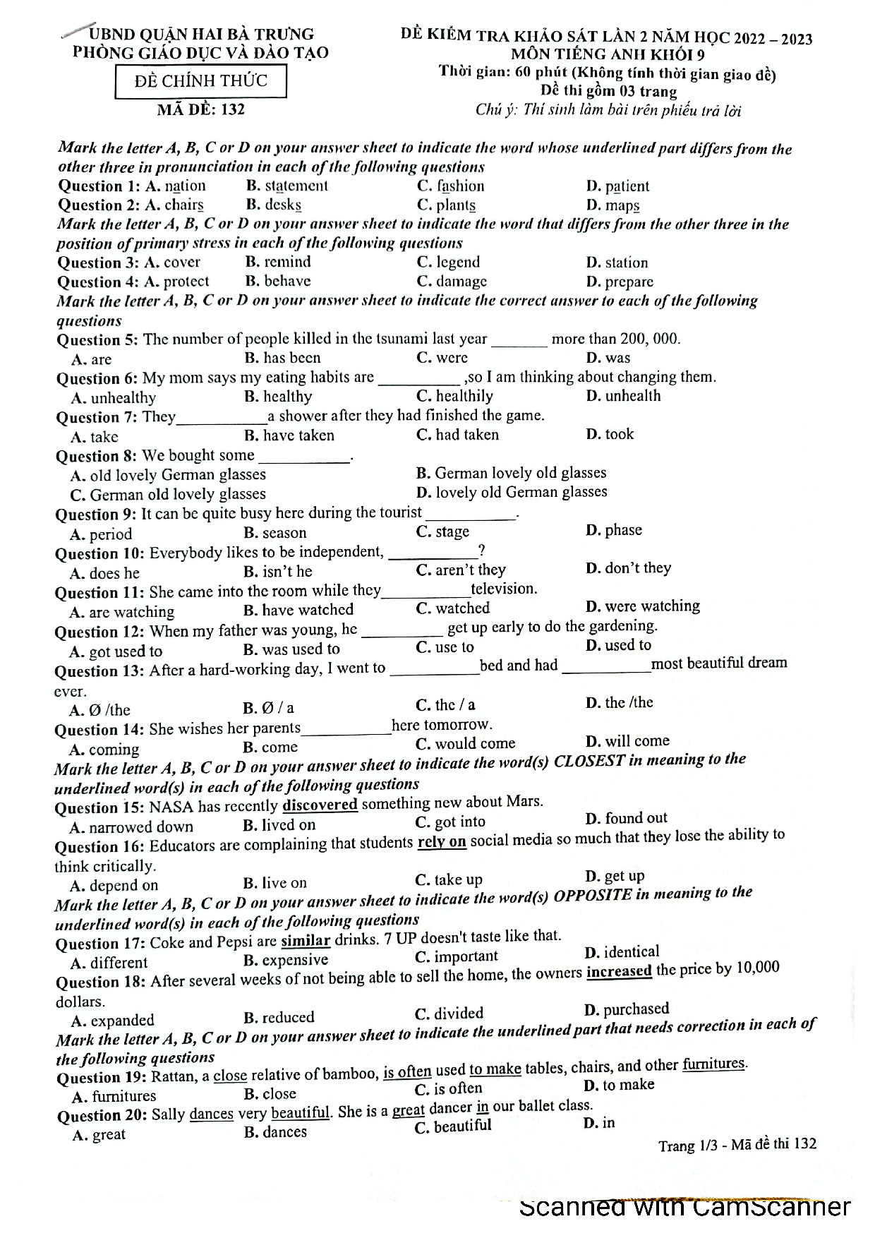 Đề thi thử vào 10 môn tiếng Anh quận Hai Bà Trưng, Hà Nội