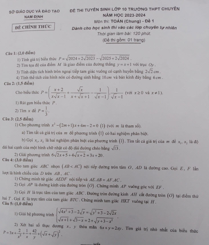 Đề thi Toán vào 10 Chuyên Lê Hồng Phong, Nam Định 2023