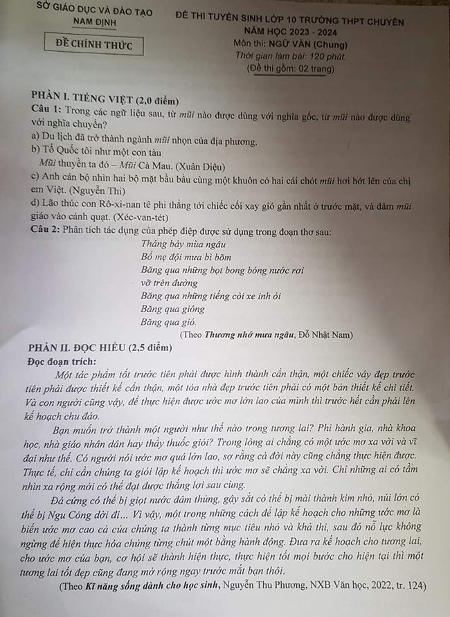 Đề thi vào 10 chuyên Lê Hồng Phong, Nam Định 2023