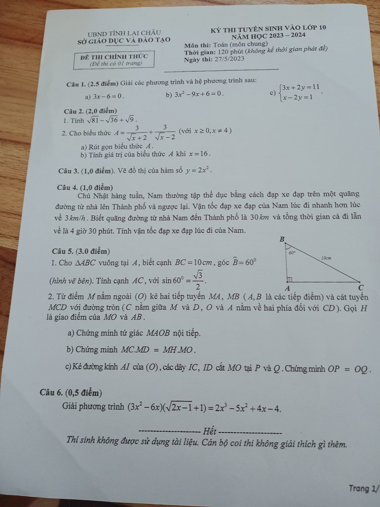 Đề thi tuyển sinh lớp 10 môn Toán tỉnh Lai Châu 2023