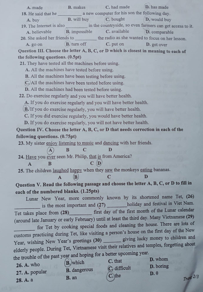 Đáp án đề thi vào lớp 10 môn Anh Lai Châu năm 2023