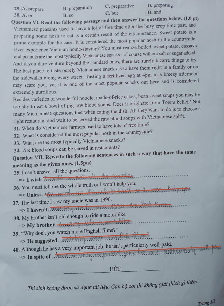 Đáp án đề thi vào lớp 10 môn Anh Lai Châu năm 2023