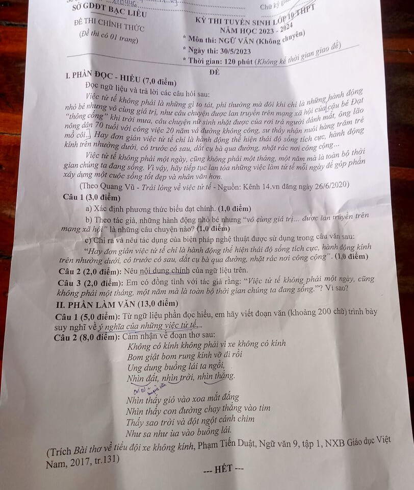 Đề thi vào 10 Văn Bạc Liêu 2023