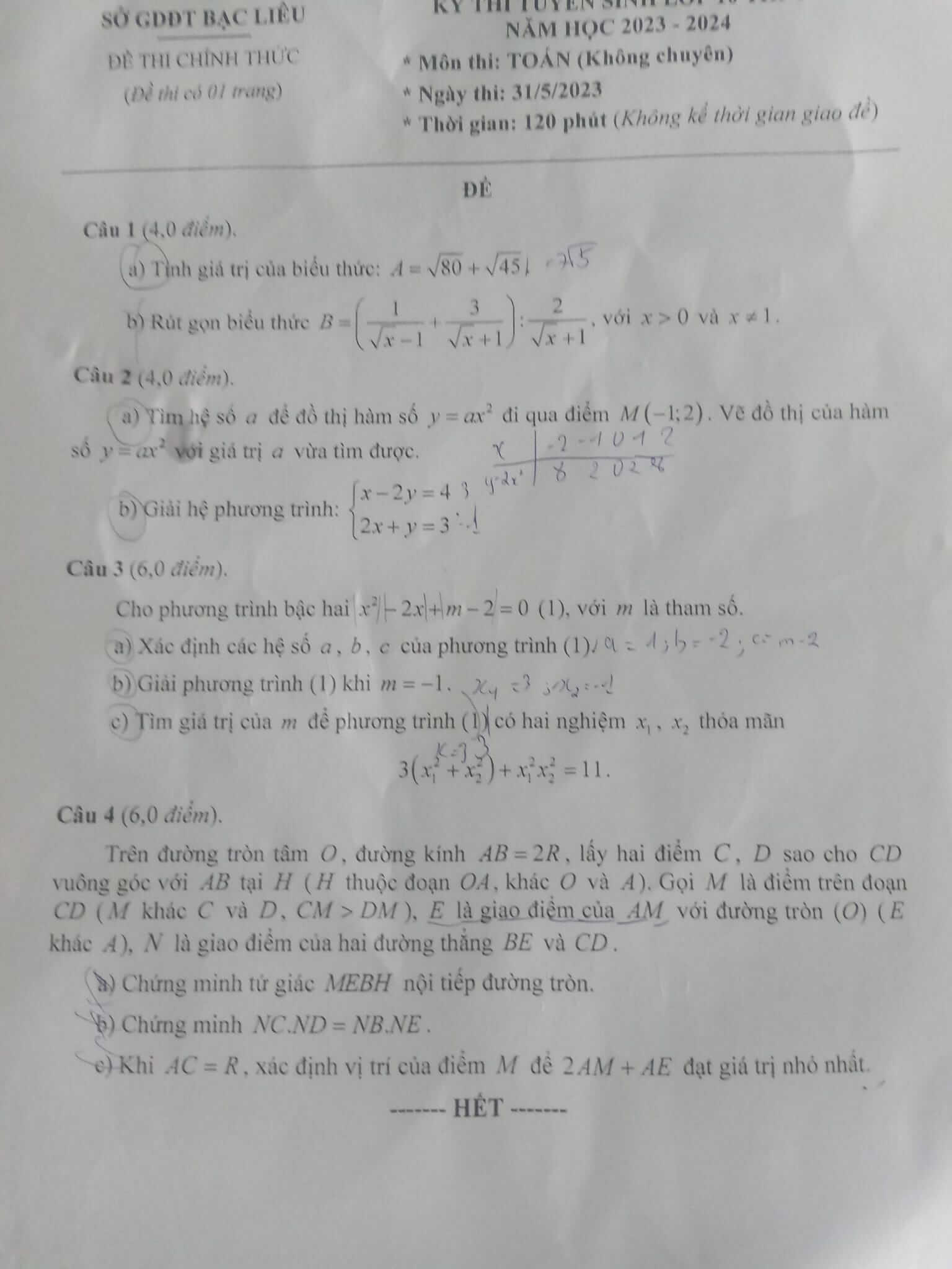 Đề thi vào lớp 10 môn Toán Bạc Liêu