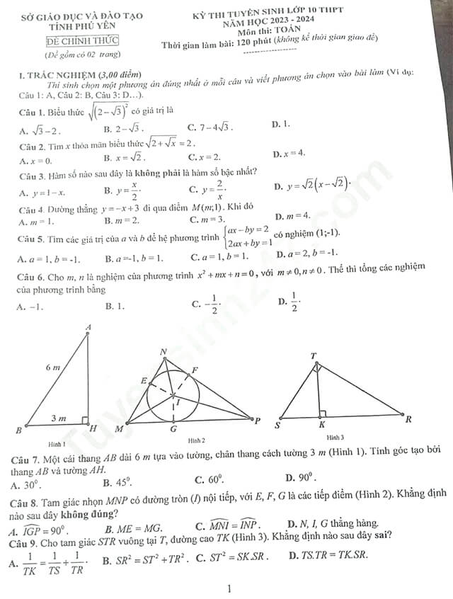 Đề thi vào 10 Toán Phú Yên