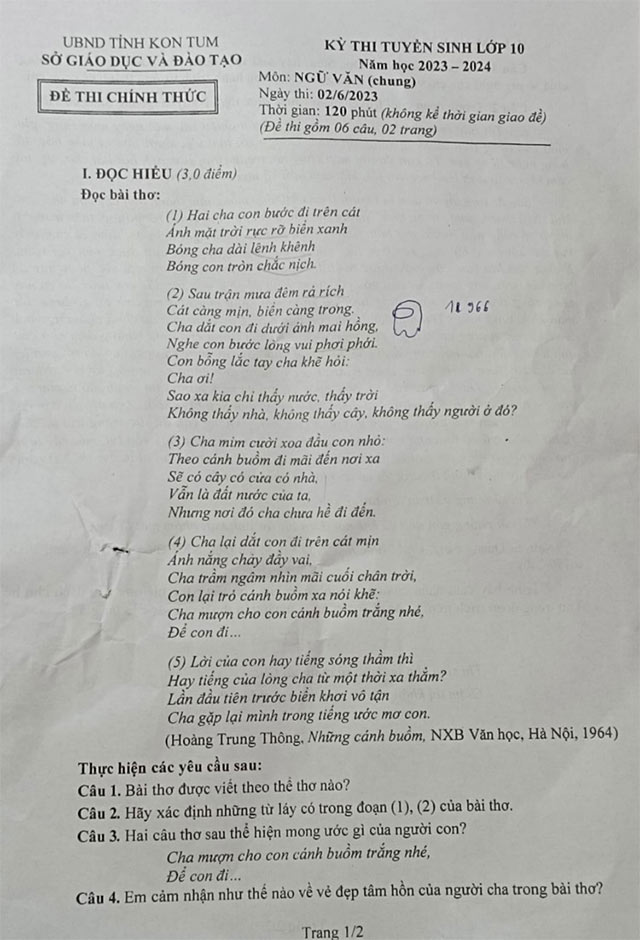 Đề thi vào 10 môn Văn Kon Tum năm 2023 - 2024