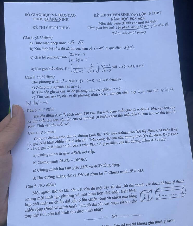 Đề thi Toán vào 10 Quảng Ninh 2023
