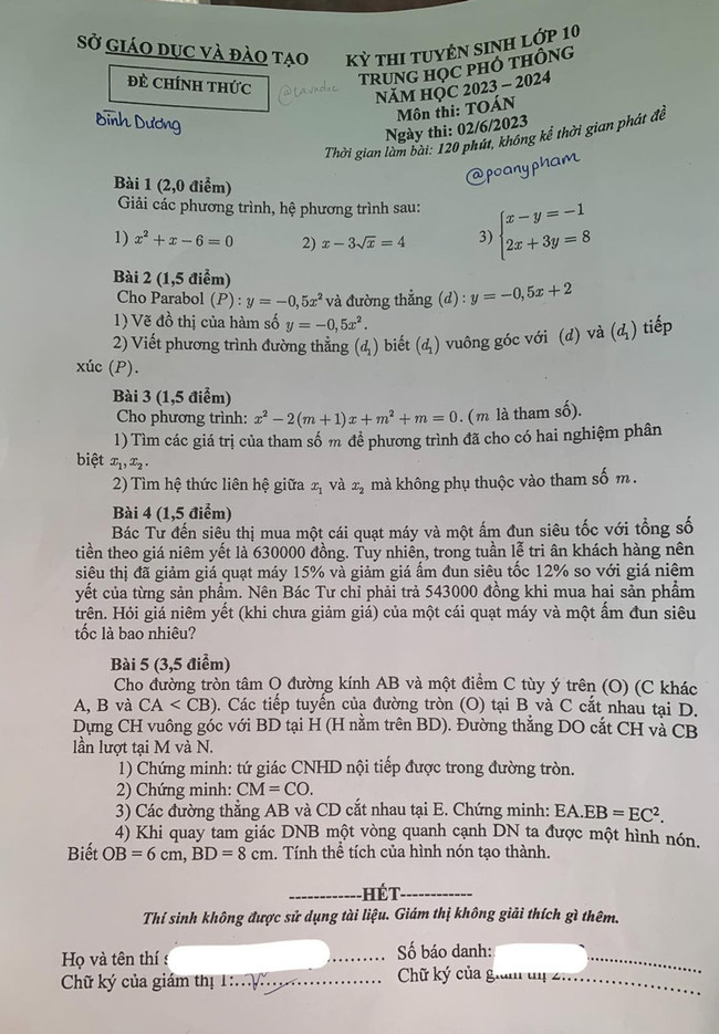 Đáp án đề thi tuyển sinh lớp 10 môn Toán Bình Dương 2023