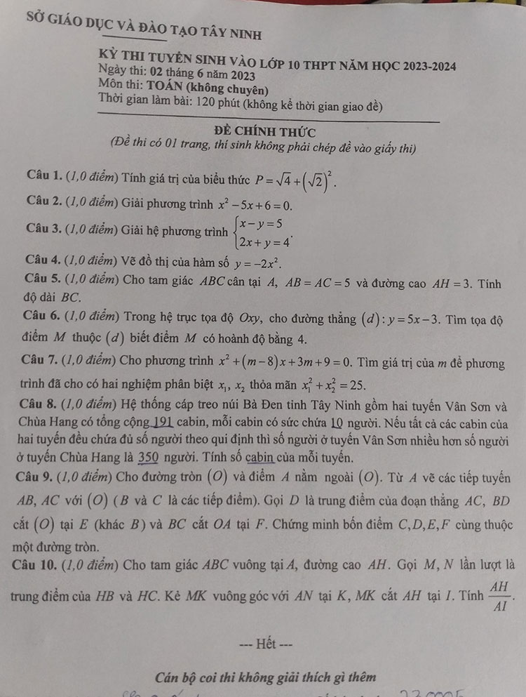 Đáp án đề thi tuyển sinh lớp 10 môn toán Tây Ninh 2023