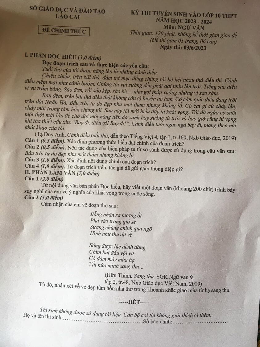 Văn vào 10 Lào Cai