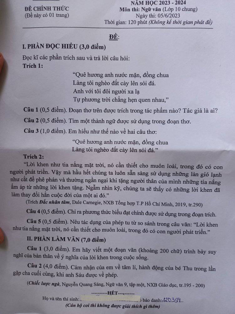 Đề thi tuyển sinh lớp 10 môn Văn Bình Thuận 2023