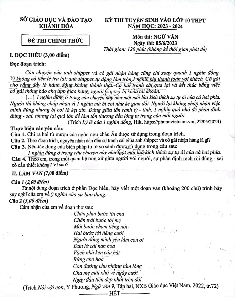 đề thi tuyển sinh lớp 10 môn văn Khánh Hoà 2023