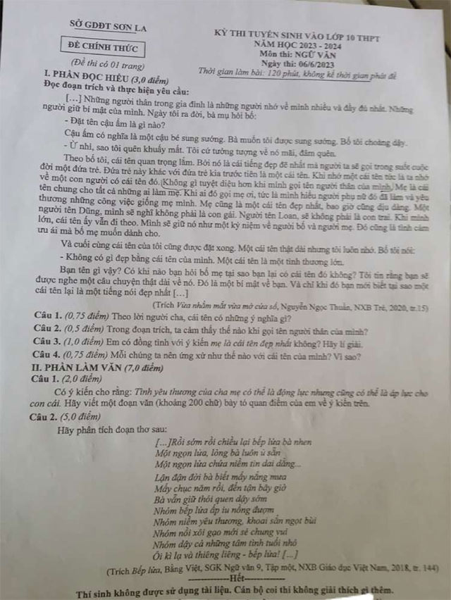 Đề thi vào lớp 10 môn Ngữ văn tỉnh Sơn La năm 2023