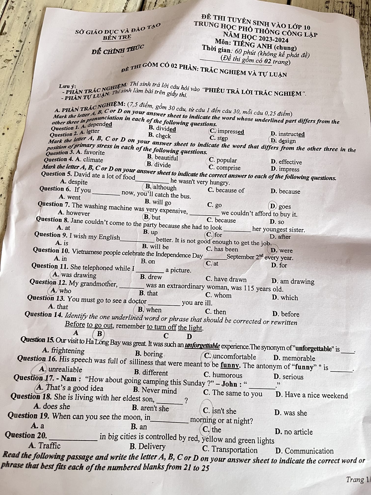 Đáp án đề thi vào lớp 10 môn Anh Bến Tre năm 2023