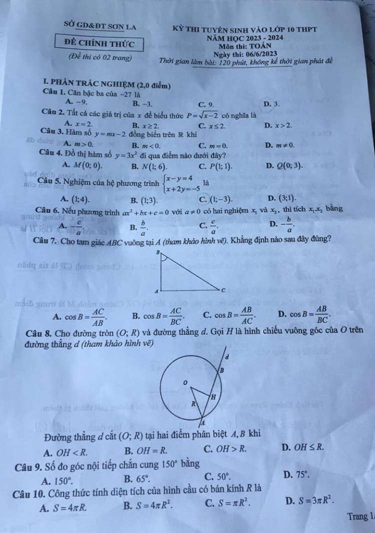 Đáp án đề thi vào 10 môn toán năm 2023 tỉnh Sơn La trang 1