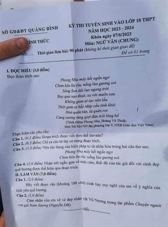 Đề thi vào lớp 10 môn Văn Quảng Bình năm 2023