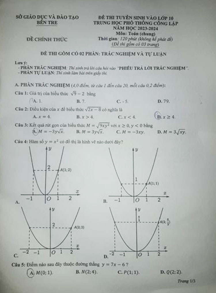 Đáp án mã đề 171