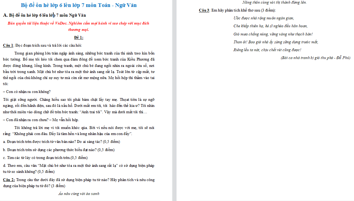 Tài liệu ôn hè lớp 6 lên lớp 7