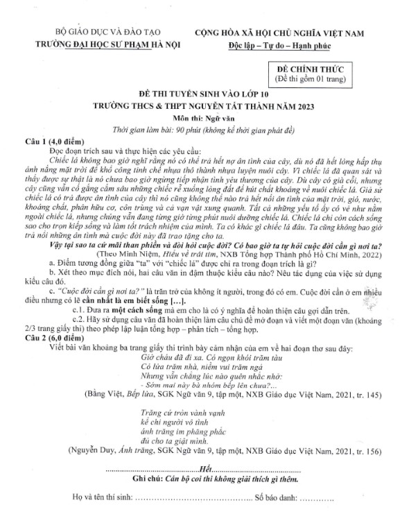 Đề thi tuyển sinh lớp 10 môn Ngữ văn THPT Nguyễn Tất Thành 2023